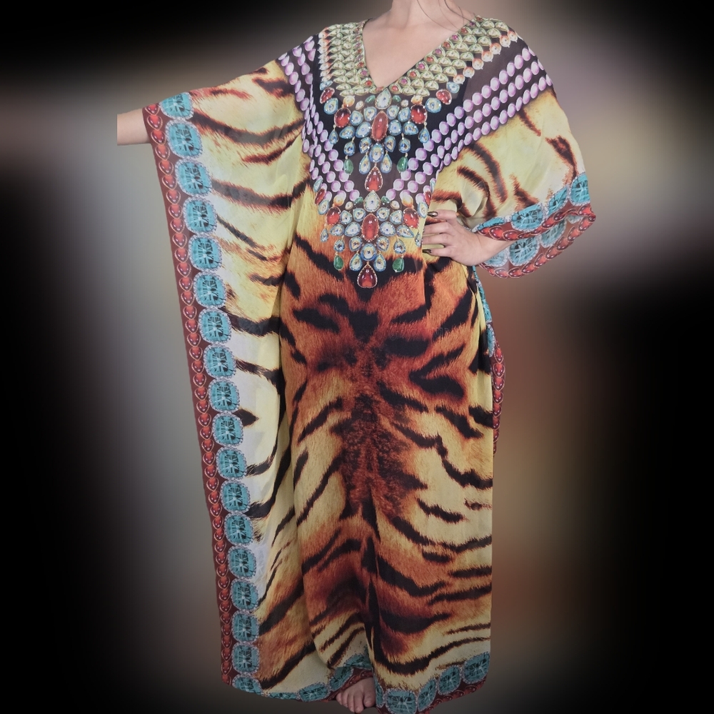 Animal Print Kaftan with Jewel Design